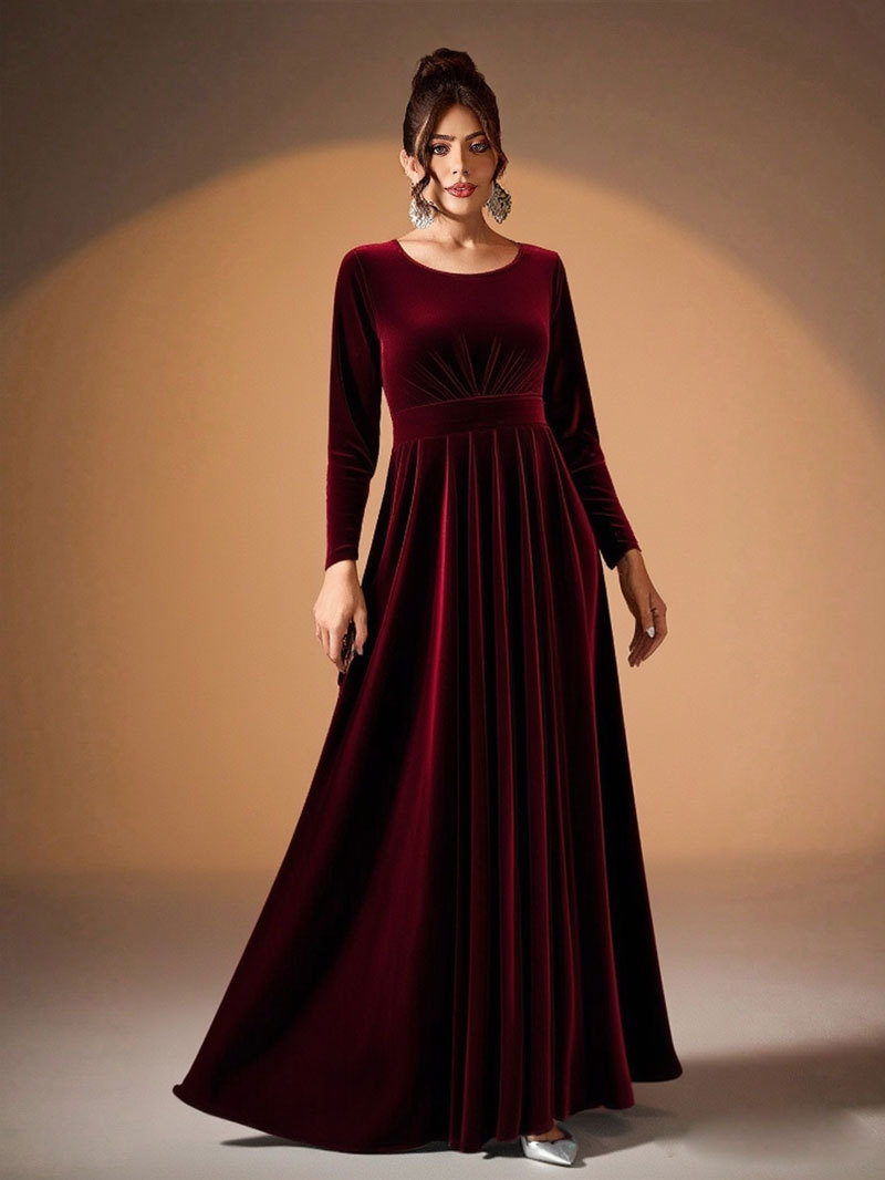 Women's Plus Size Velvet Long Sleeve Ruched A-Line Midi Evening Dress