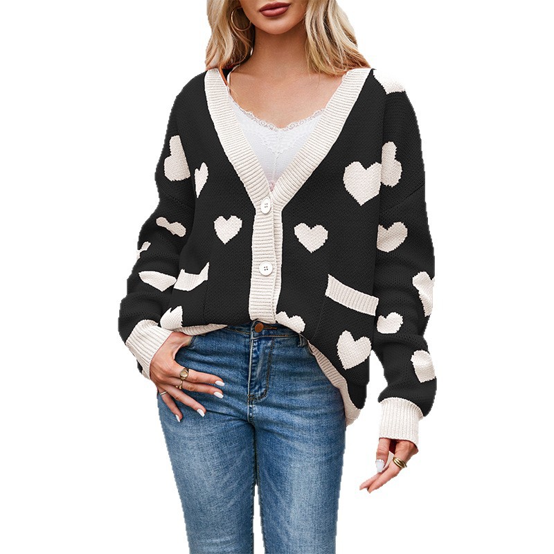 Heart Jacquard V-Neck Cardigan with Pockets