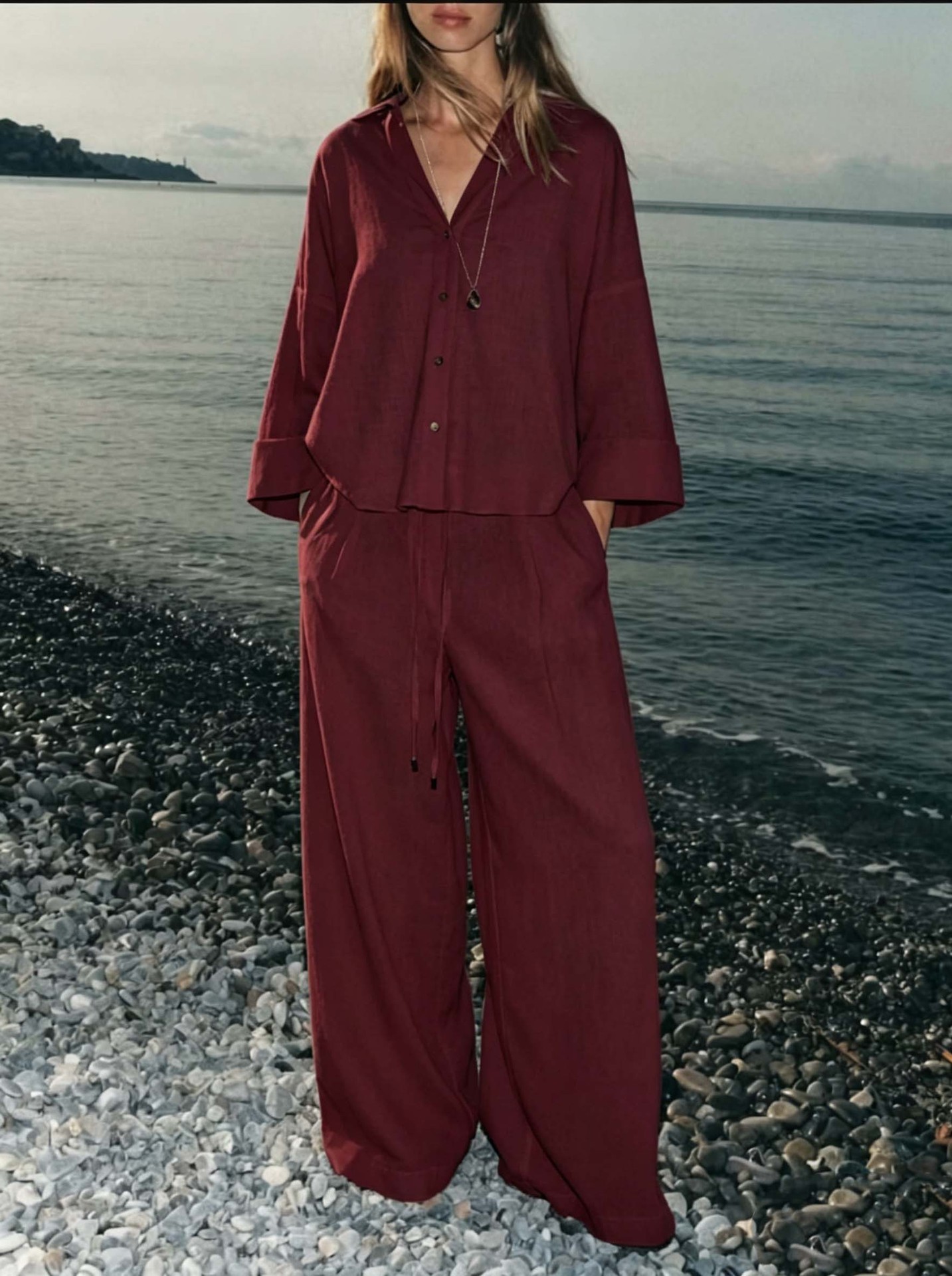 Women's Solid Color Shirt and Pants Set Casual Cotton Blend