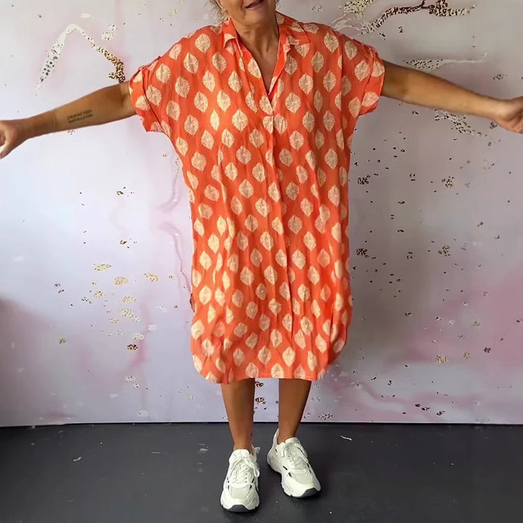 Women's Loose Fit Printed V-Neck Short Sleeve Midi Dress