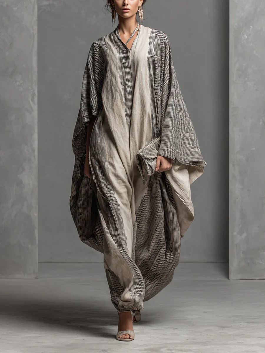 Striped Gradient Wide-Leg Jumpsuit with Long Robe-Style Design