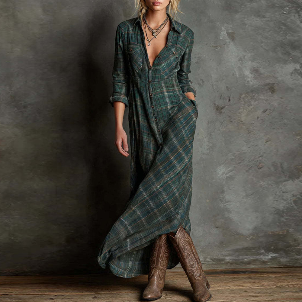 Plaid Long Sleeve A-Line Shirt Dress