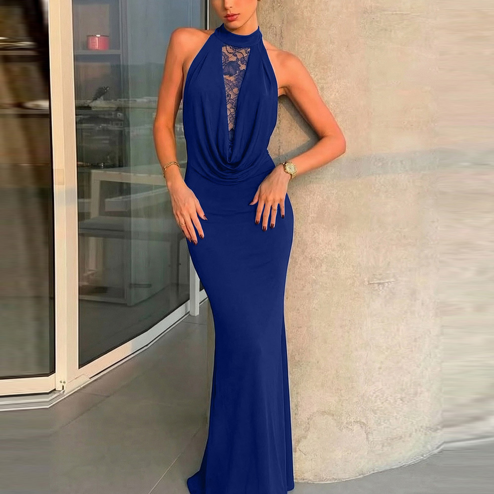 French Lace Spliced Cutout Backless Slit Halter Dress