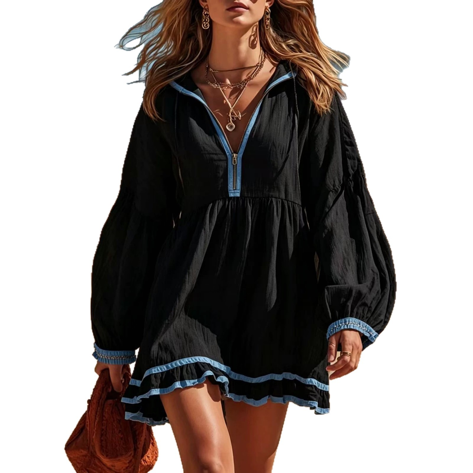 Blue Color-Block Long-Sleeve Ruffled Stand-Collar Half-Zip Loose Dress
