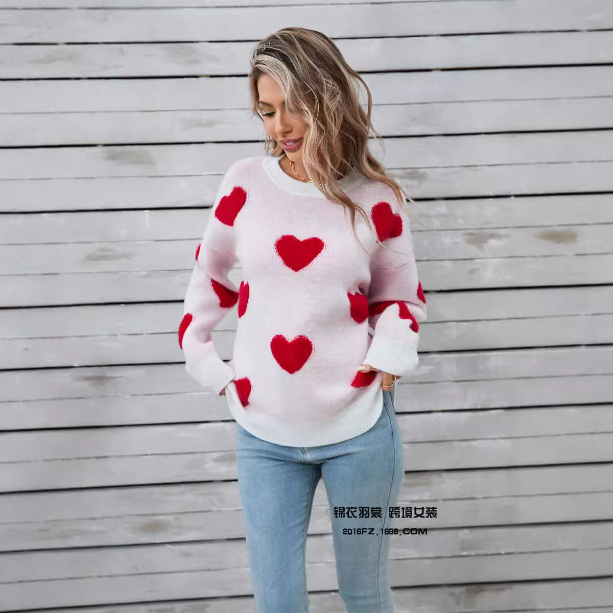 Plus Size Heart Knit Sweater Long Sleeve Pullover