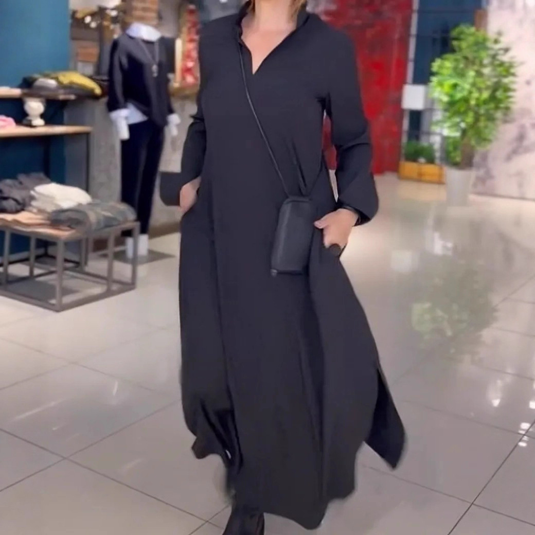 Women's Casual Solid V-Neck Long Sleeve Pocket Dress