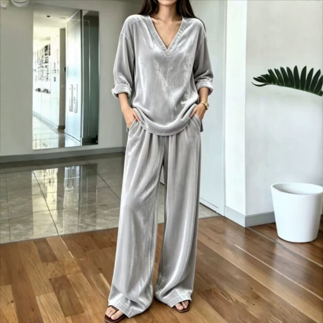 V-Neck Long-Sleeve Velvet Loose Loungewear Two-Piece Set