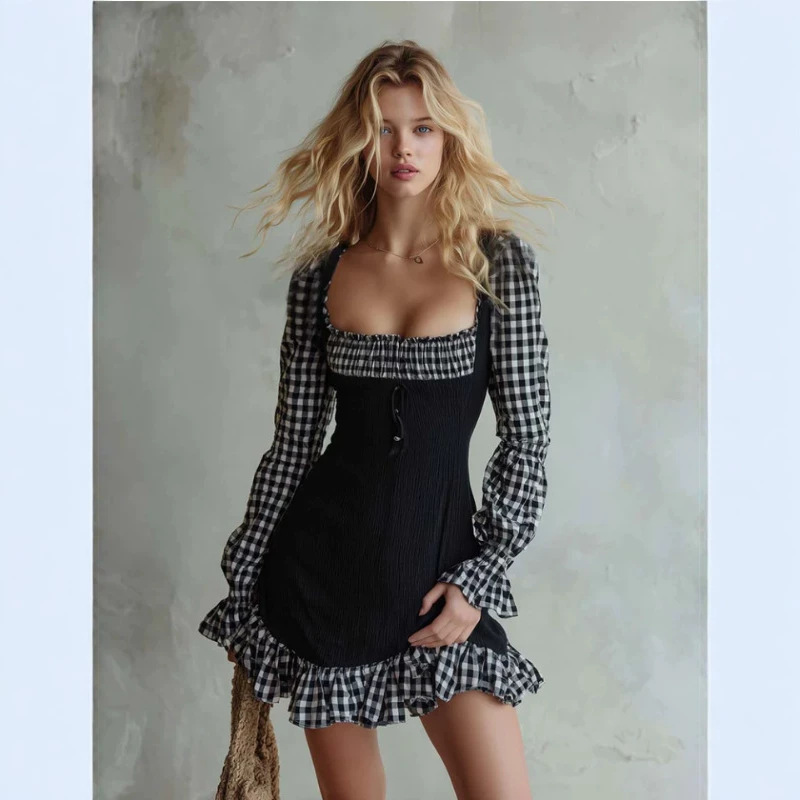 Plaid Ruffle Trim Fitted Mini Dress