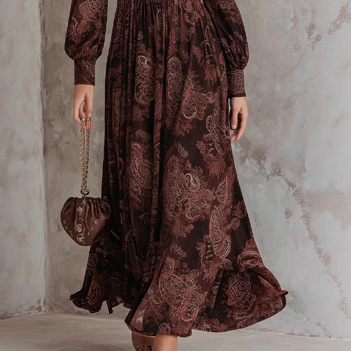 Women's V-Neck Pleated Digital Print Midi Dress with Zipper