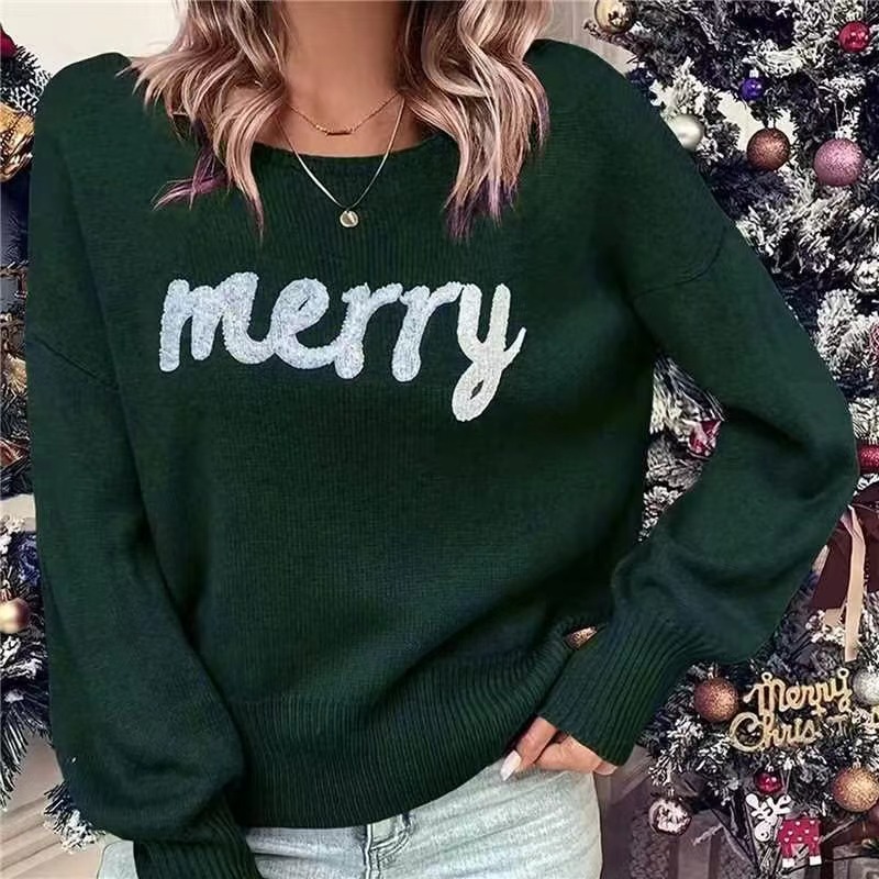 Christmas Crewneck Long Sleeve Pullover Knit Sweater for Women