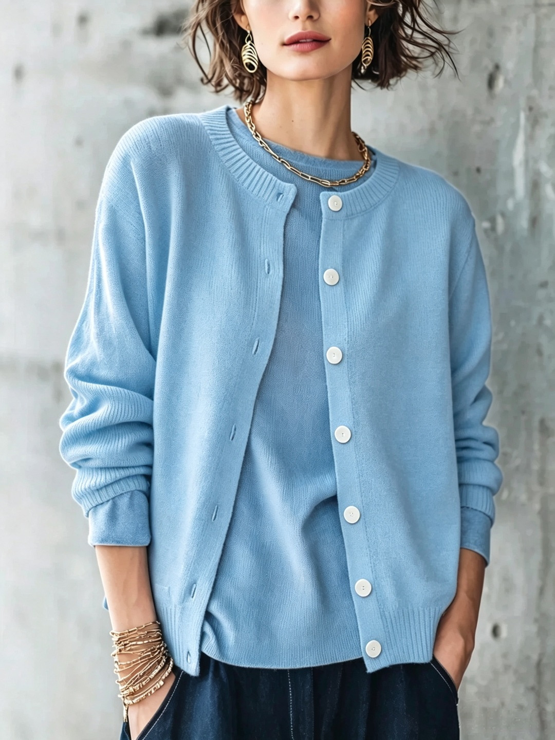 Women's Solid Crewneck Knit Cardigan Long Sleeve Button Casual Sweater Coat