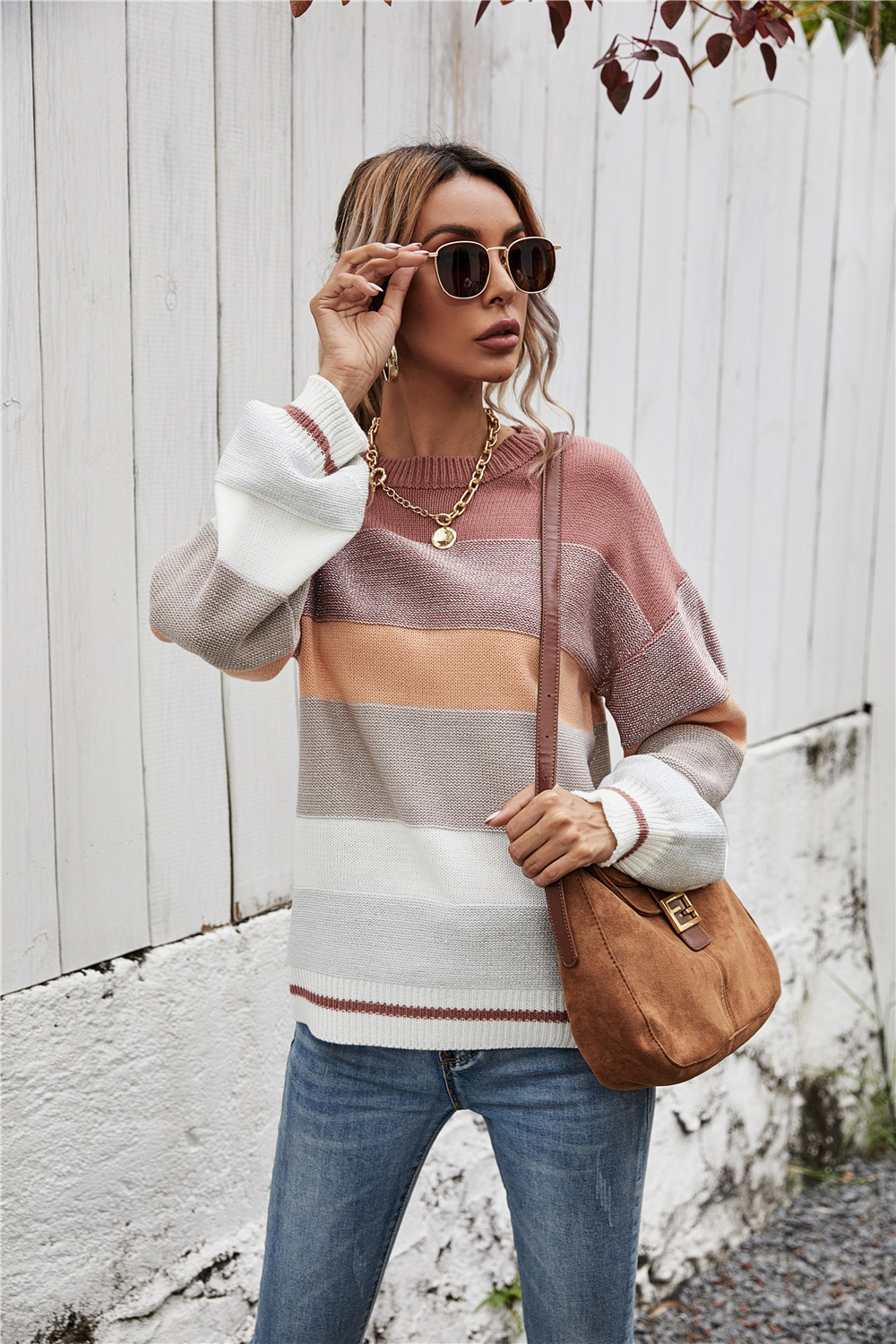 Striped Color-Block Crewneck Loose Knit Sweater