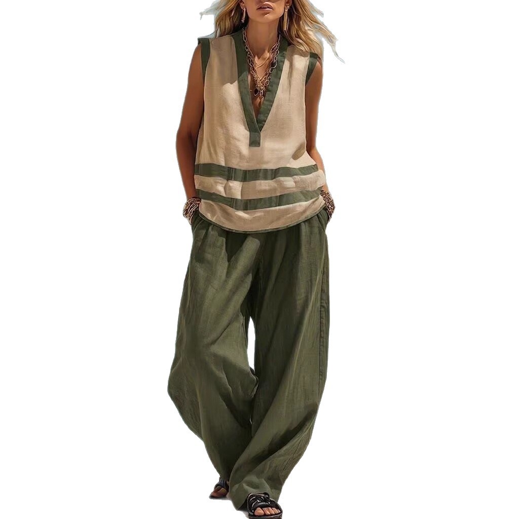 V-Neck Sleeveless Tank Top & Wide-Leg Pants Set