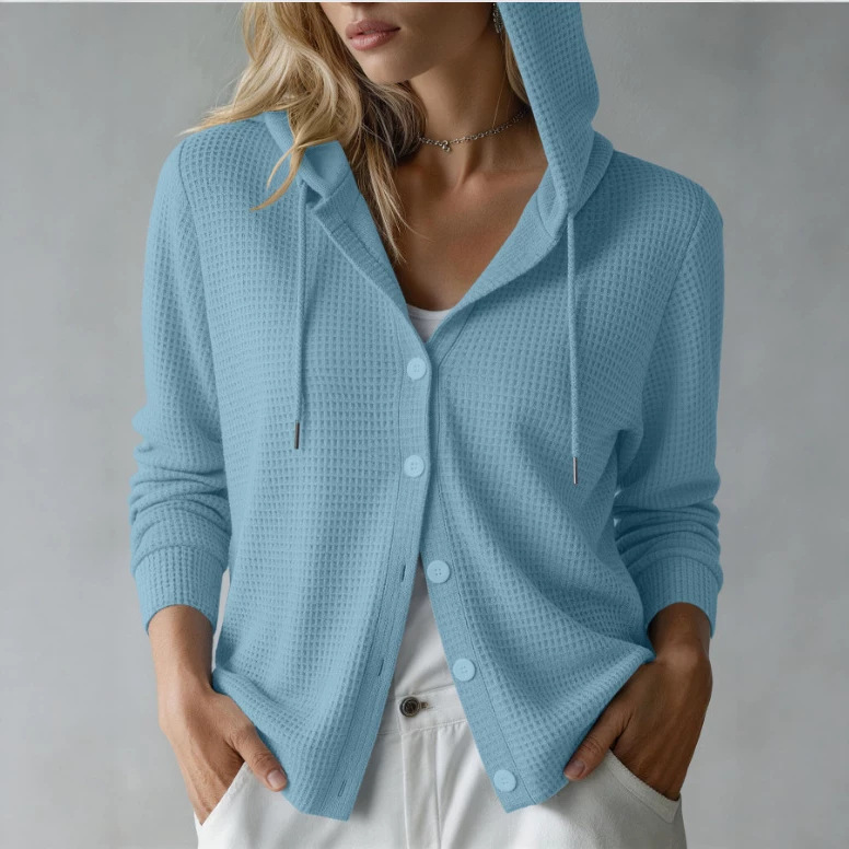 Waffle Knit Hooded Button-Front Cardigan