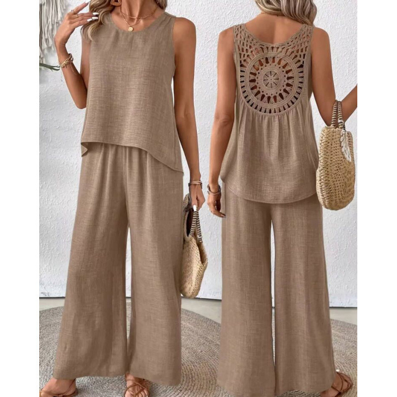 Women's Solid Color Back Cutout Embroidered Sleeveless Top and Pants Set