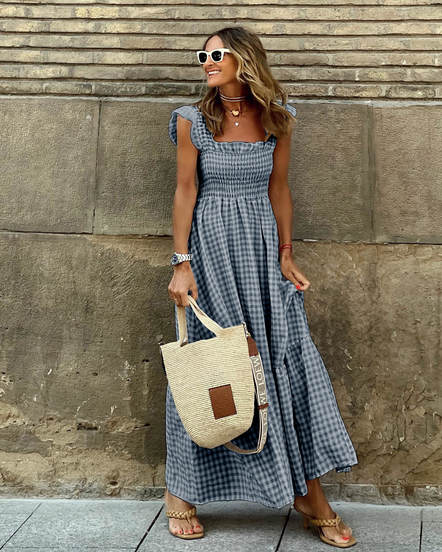 Women's Summer Plaid Print Sleeveless Maxi Dress