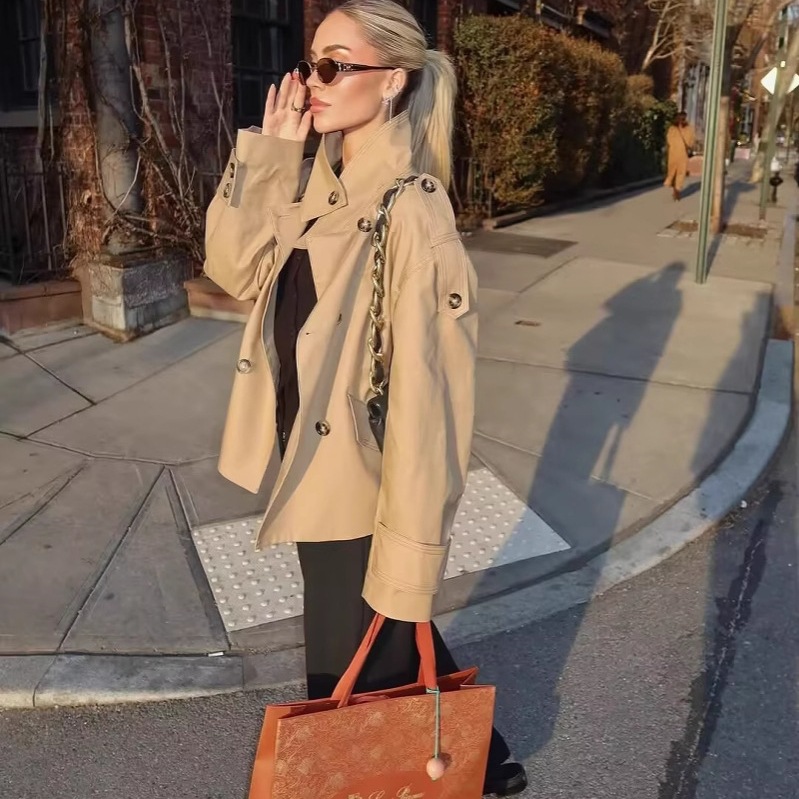 Women's Two-Tone Commuter Trench Coat with Lapel Collar