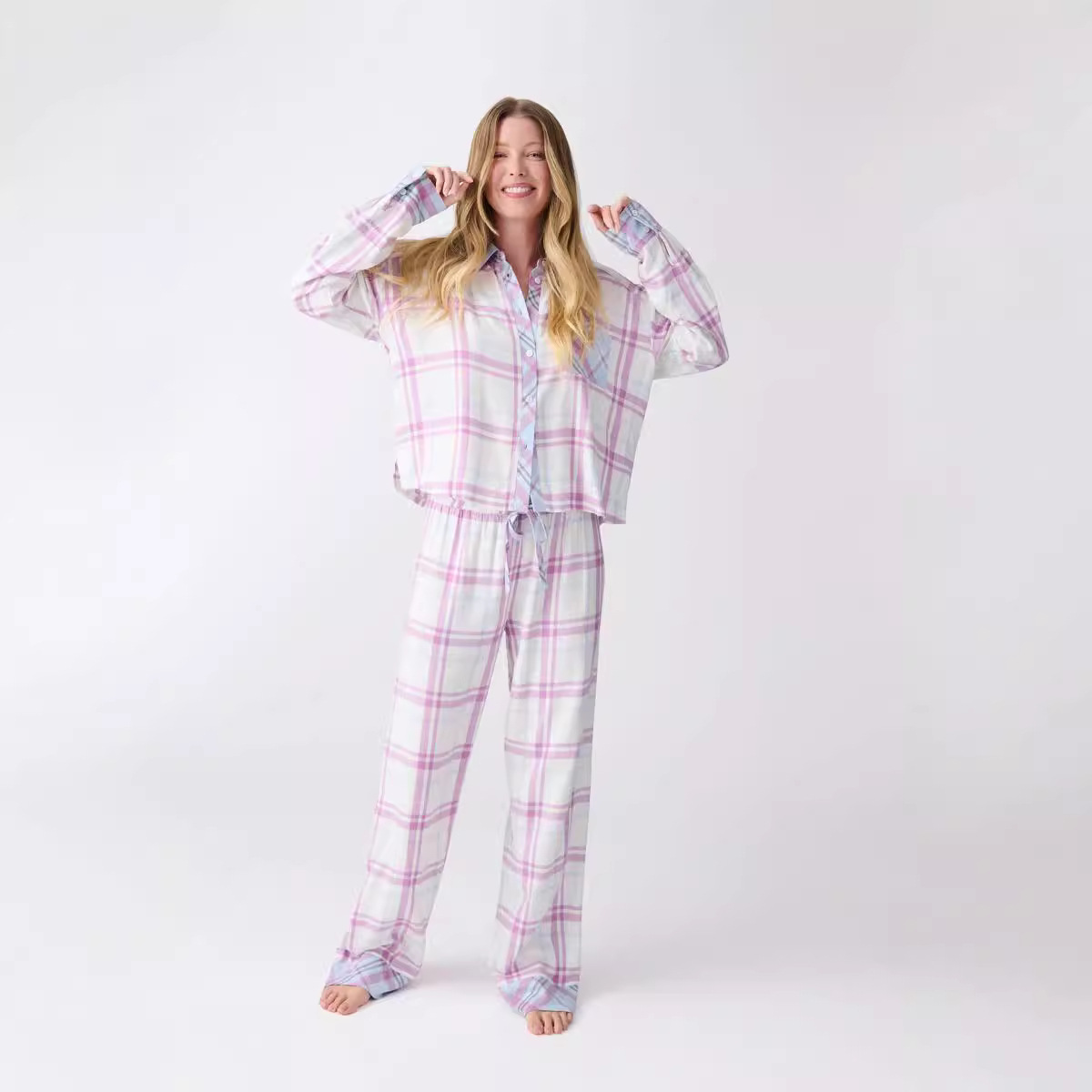 Plaid Print Loose Two-Piece Pajama Set Long Sleeve Shirt and Tie-Waist Pants Loungewear