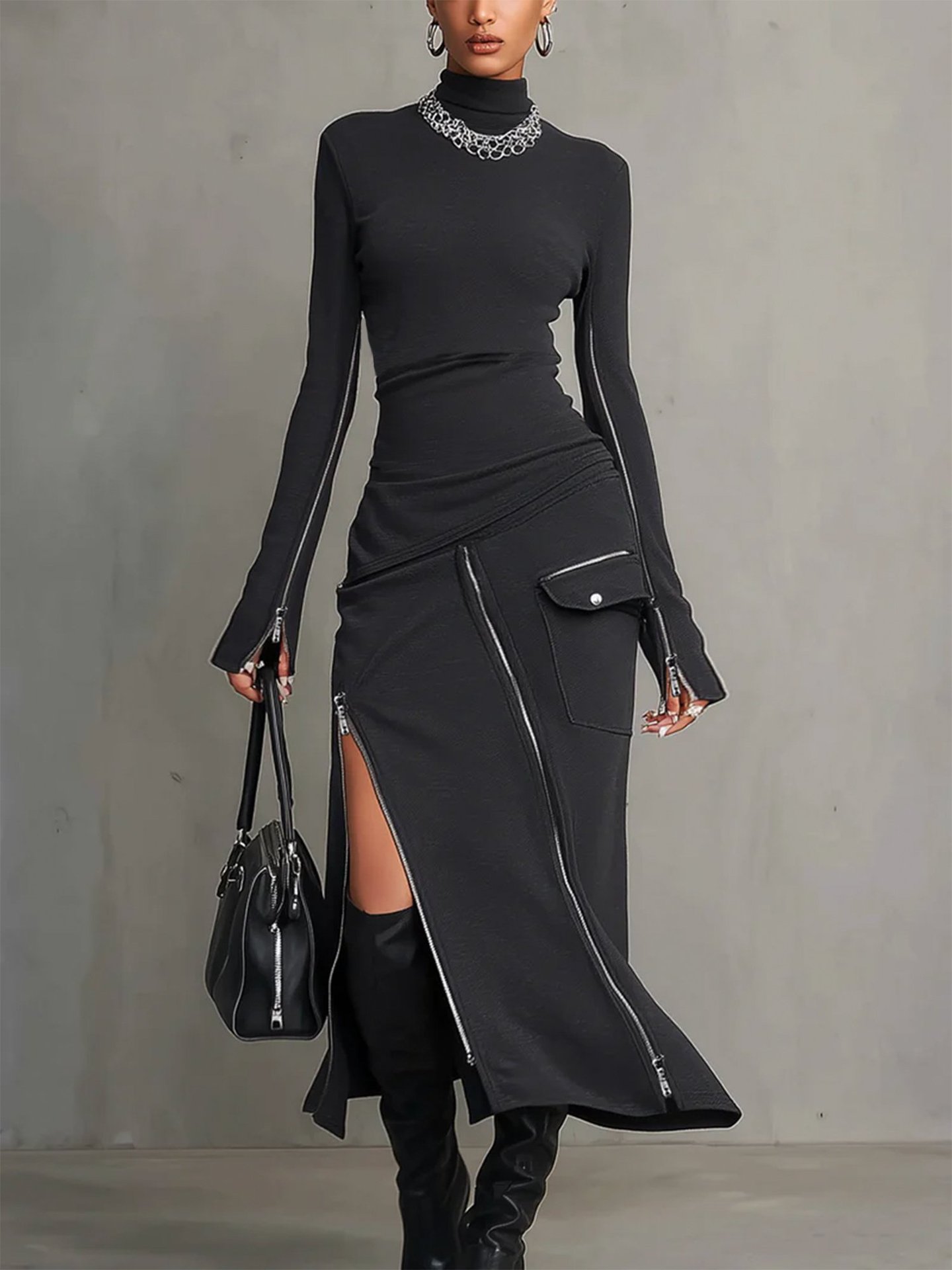 Minimalist Side-Zip Bodycon Midi Dress with Shoulder Pads