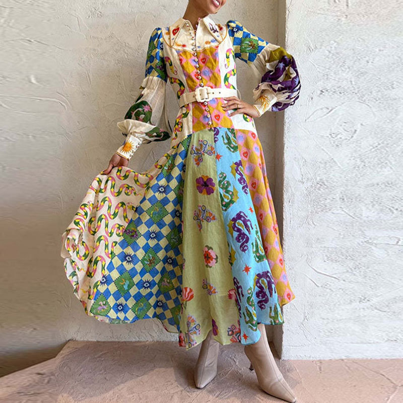 Elegant Floral Print Lapel Collar Waist-Cinched Long Dress