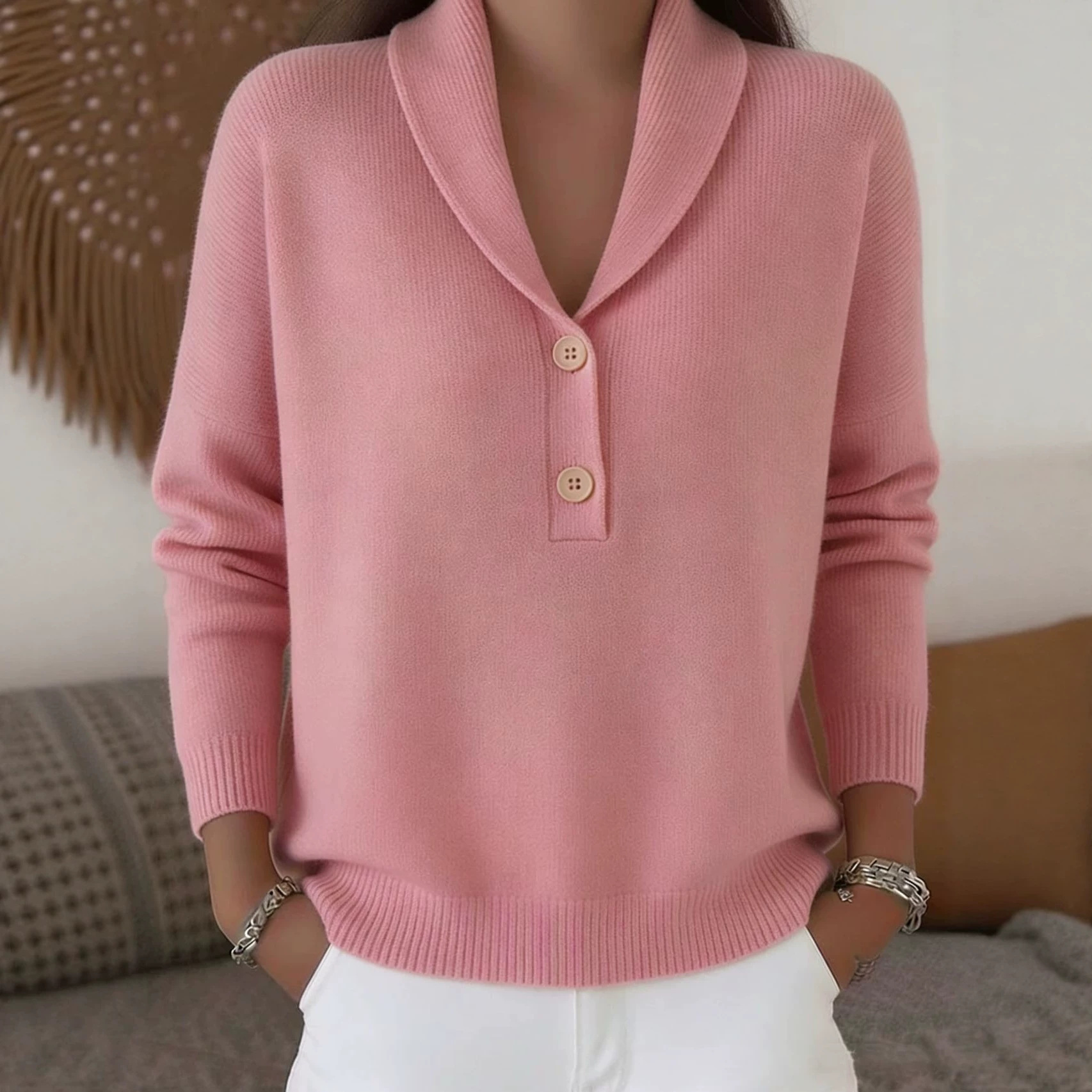 Women's Knit Button Polo Neck Sweater Solid Color Casual