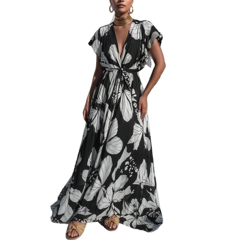 French Casual Printed V-Neck Tie Dress