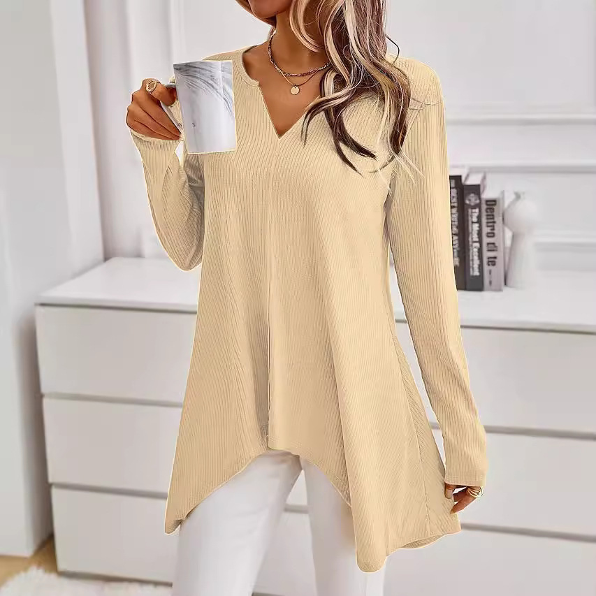 Women's V-Neck Knit Sweater Long Sleeve Loose Fit Solid Color