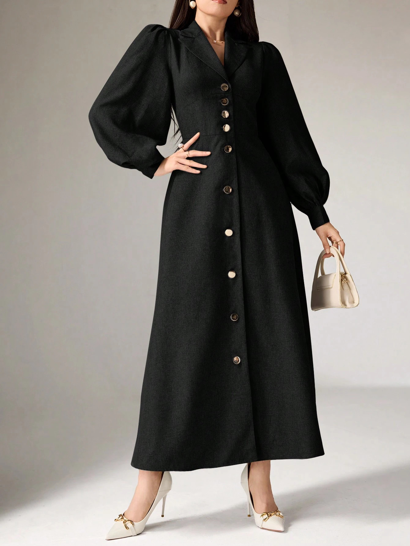 Women's Solid Color Lantern Sleeve V-Neck Long Dress