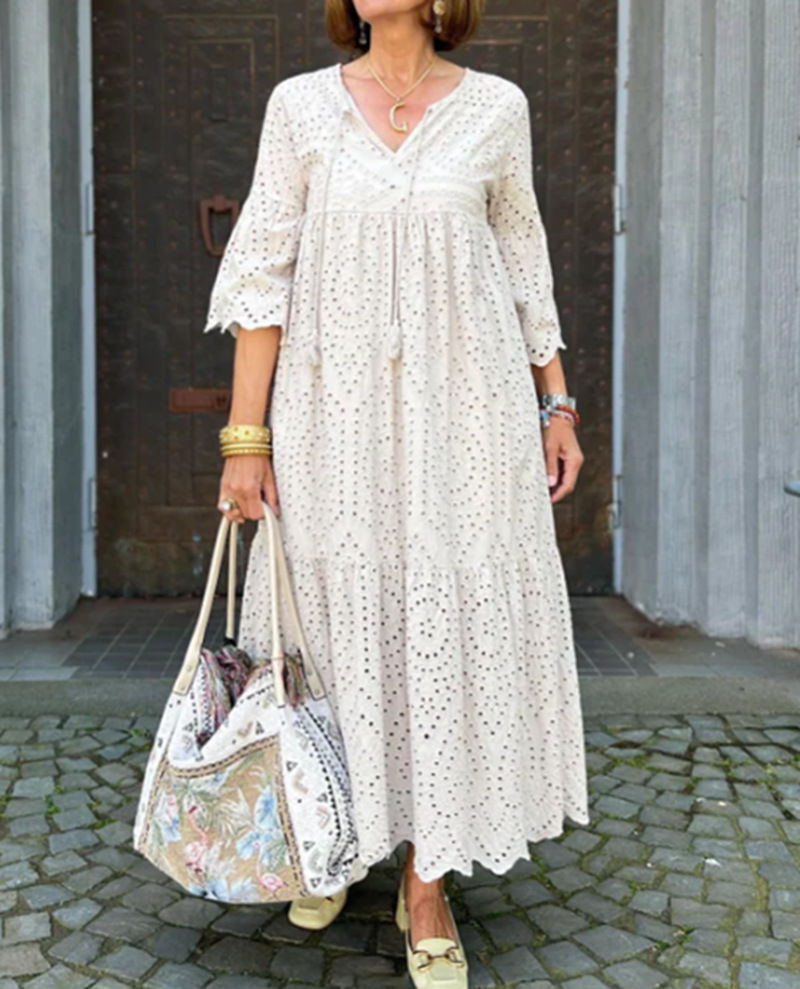 Women's Hollow-Out V-Neck Solid Casual Dress