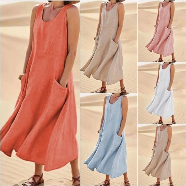 Women's Sleeveless Cotton Linen A-Line Dress with Pockets