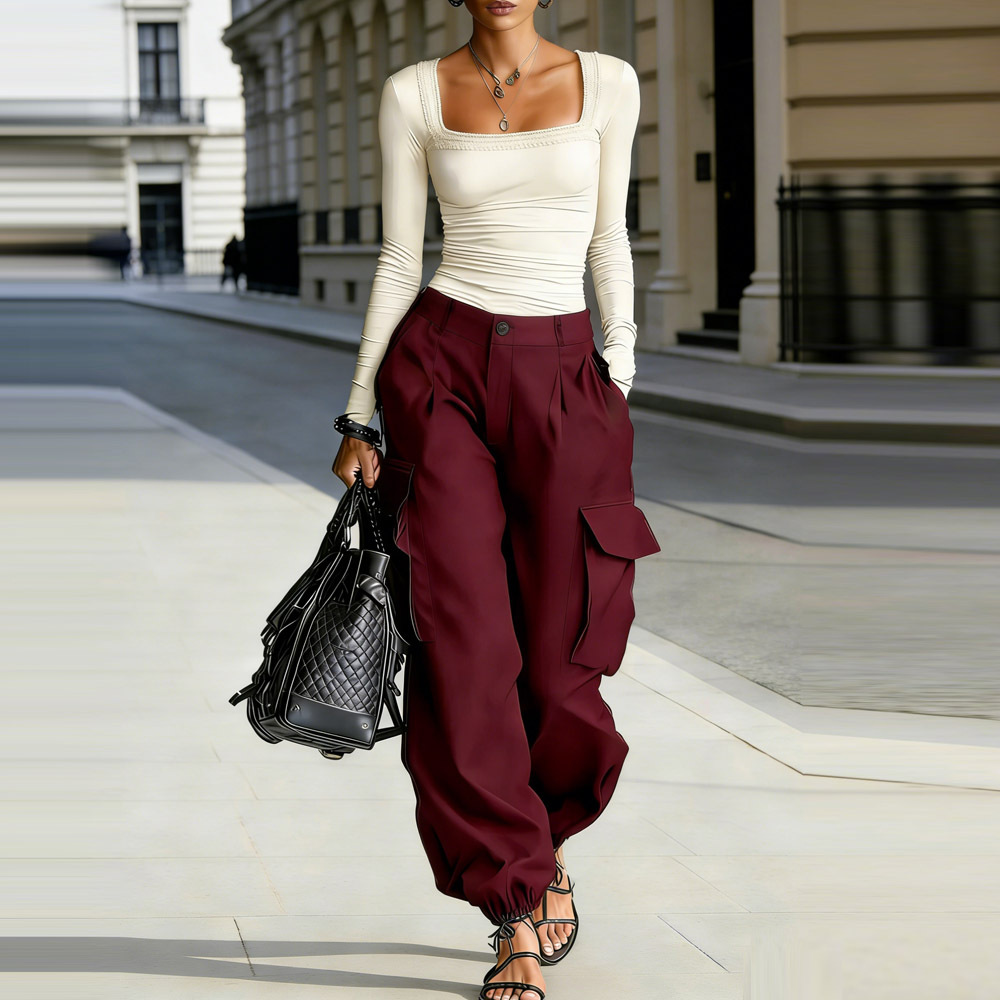High-Waisted Cargo Pants Loose Tapered Solid Casual Pocket Streetwear