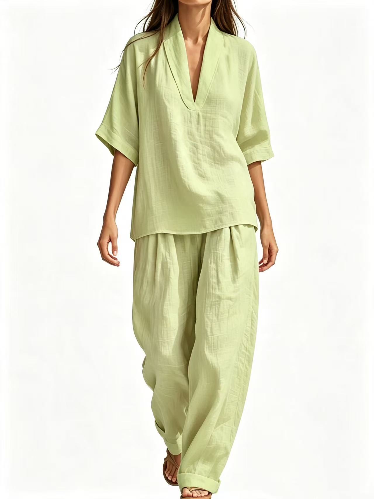 Women's Casual Linen Two-Piece Set Short Sleeve Tee & Pants