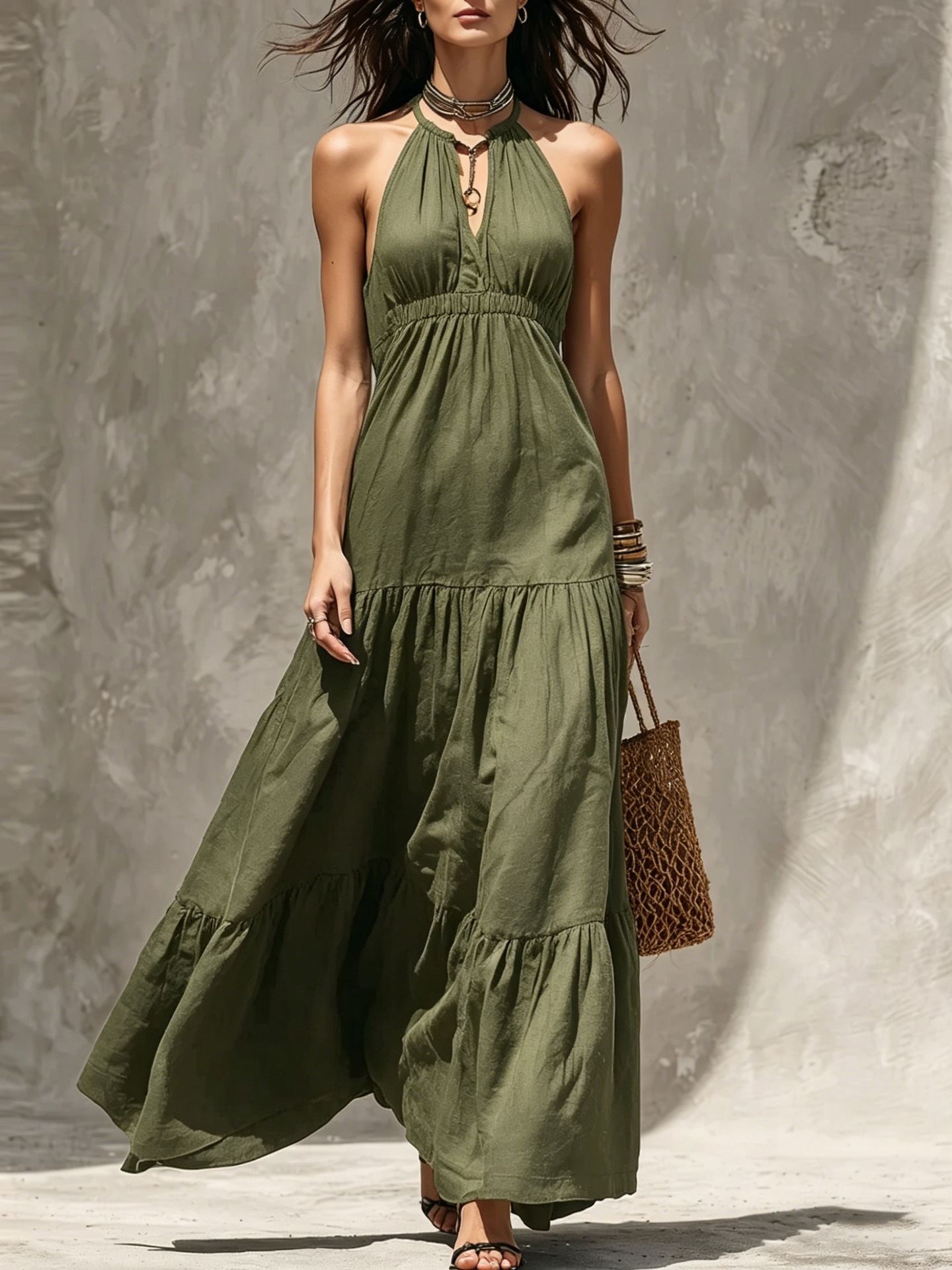 Women's Halter V-Neck Tiered Maxi Dress