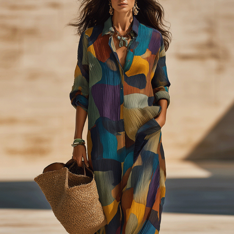 Printed Button-Front Collared Long-Sleeve Maxi Dress
