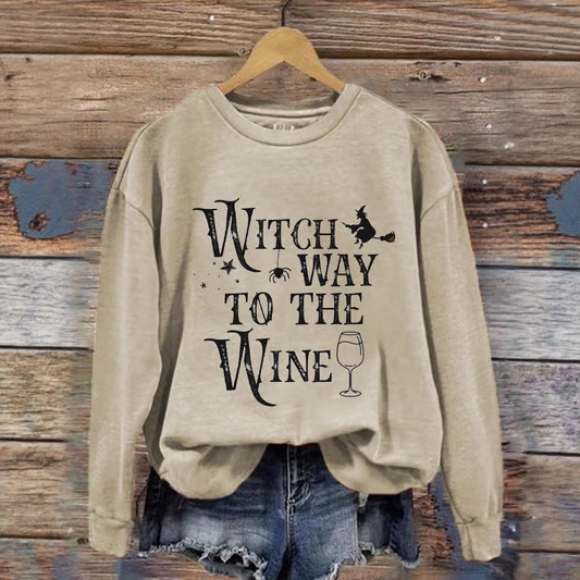 Women's Halloween Witch Wine Glass Print Crewneck Sweatshirt
