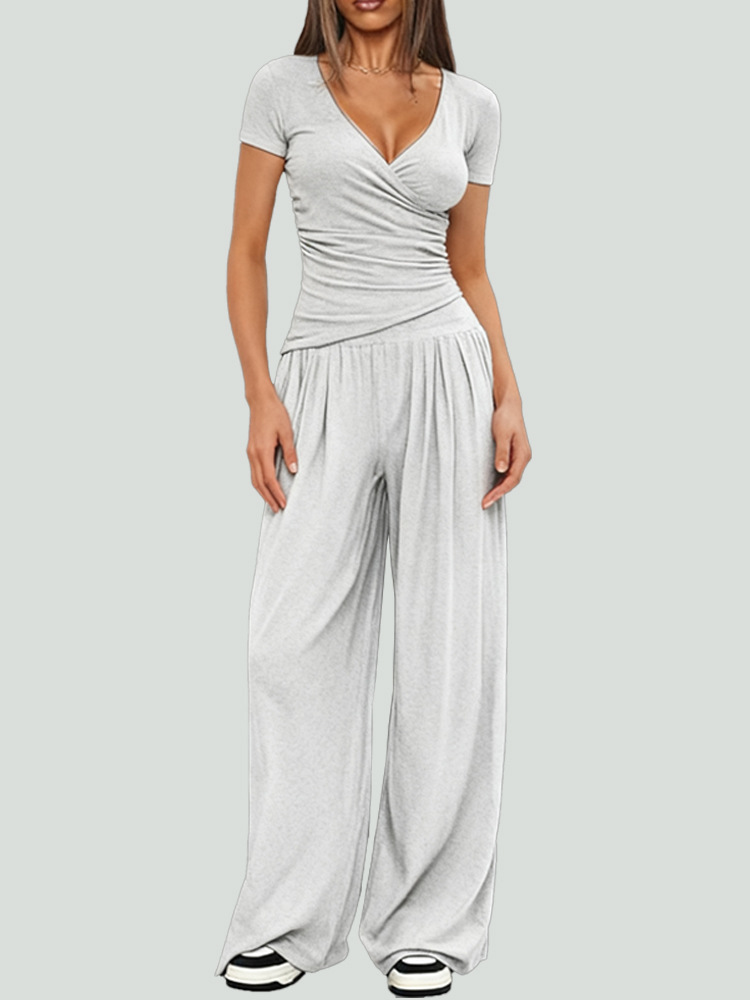 Women's Wide-Leg Pants Set Long Sleeve Solid Color Two-Piece Outfit