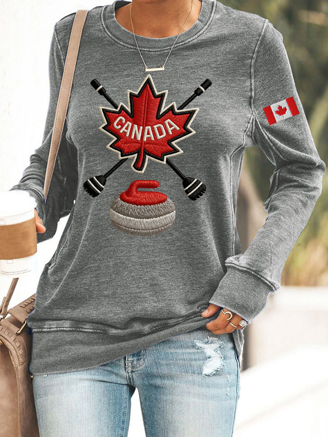 Canada Maple Leaf Curling Print Crewneck Sweatshirt