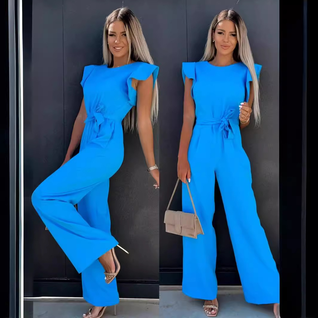 High-Waist Tie-Waist Solid Color Jumpsuit for Women