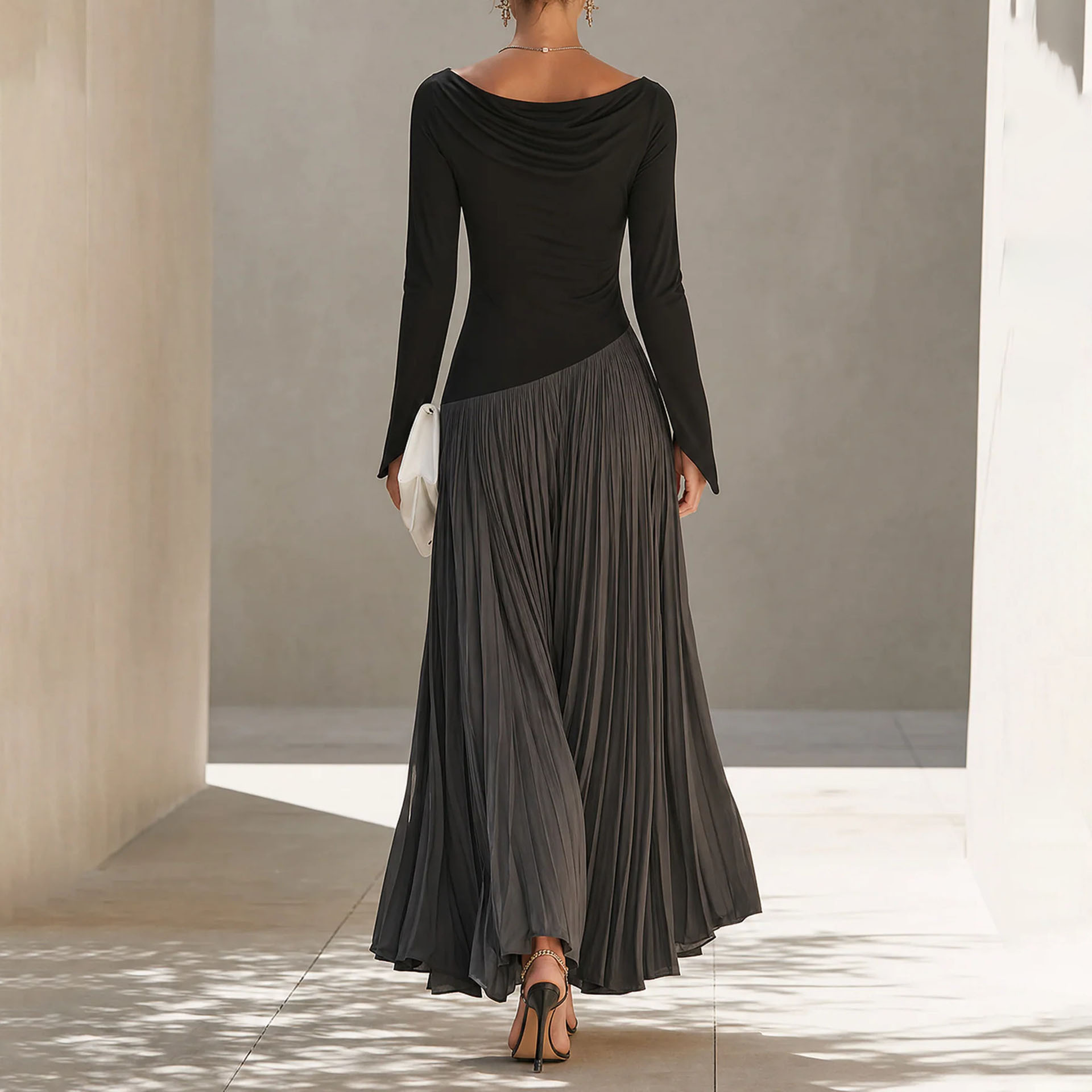 Women's Color-Block Long Sleeve A-Line Dress