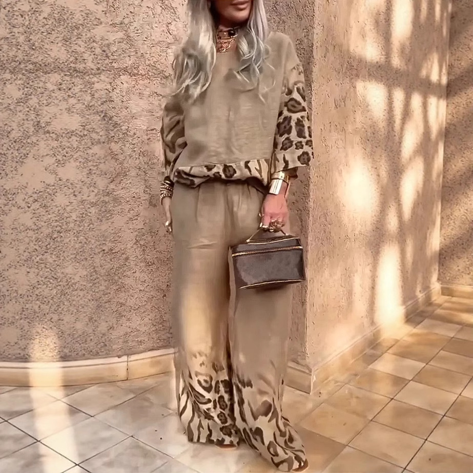 Women's Casual Leopard Print Two-Piece Pant Set