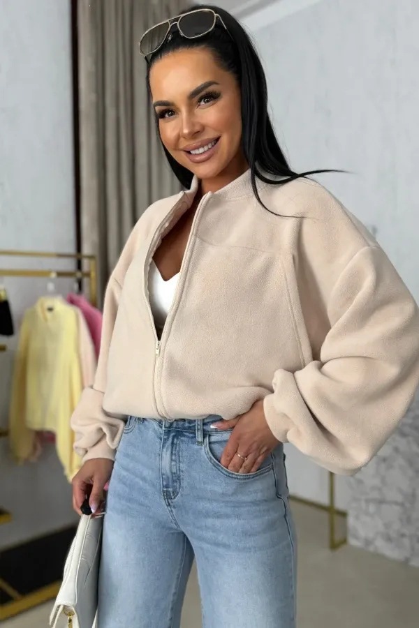 Women's Fleece Zip-Up Jacket Round Neck Long Sleeve Short Coat