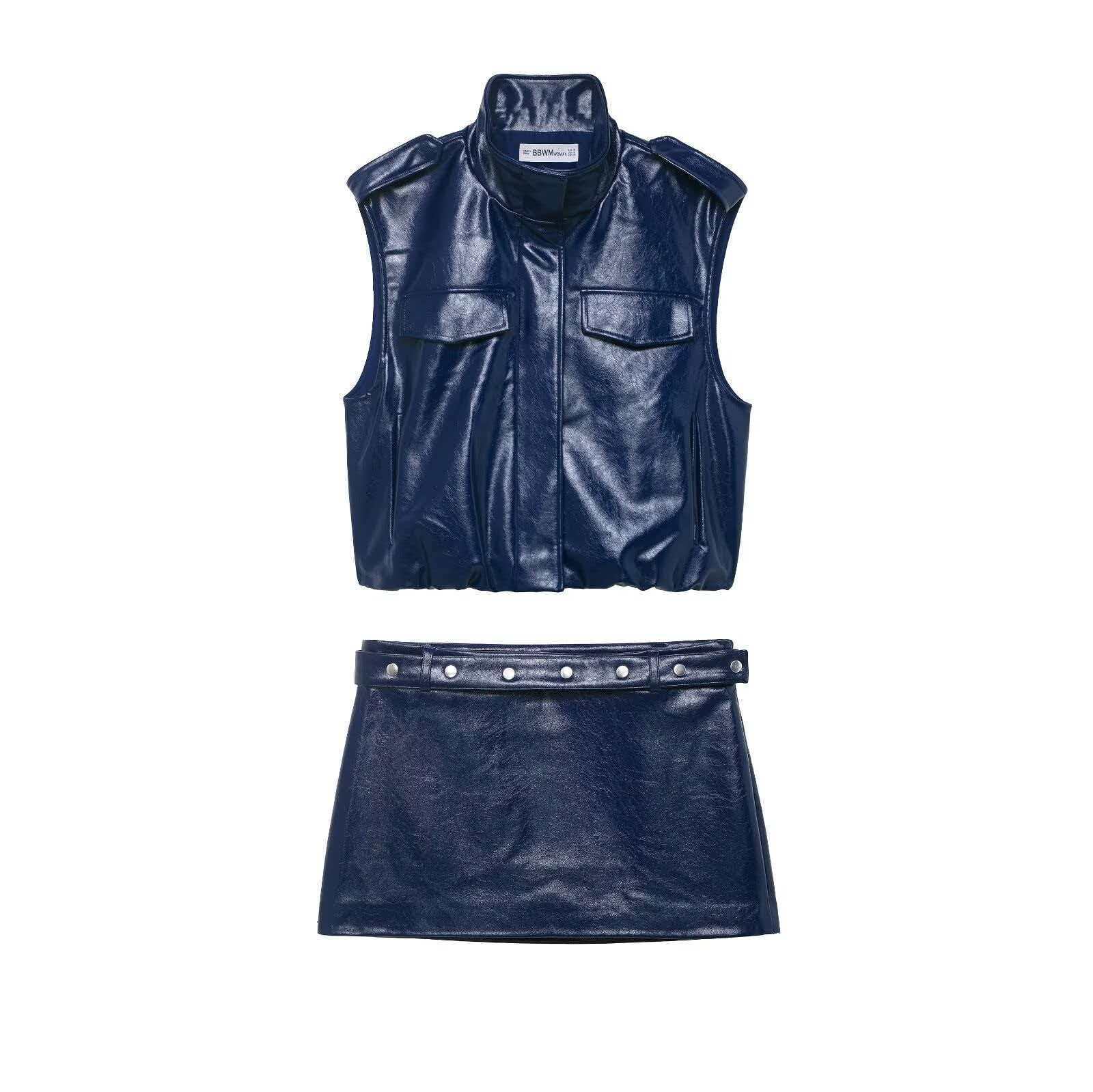 Women's Navy Glossy Faux Leather Skirt Set Sleeveless Cardigan Top and Long Pants