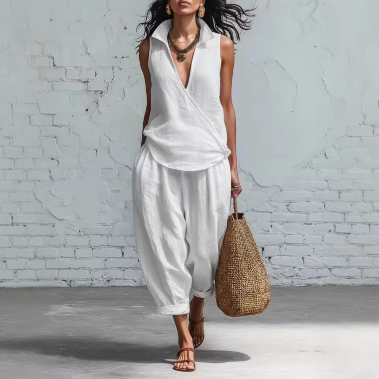 Women's Simple Lapel Shirt and Wide-Leg Pants Linen Two-Piece Set