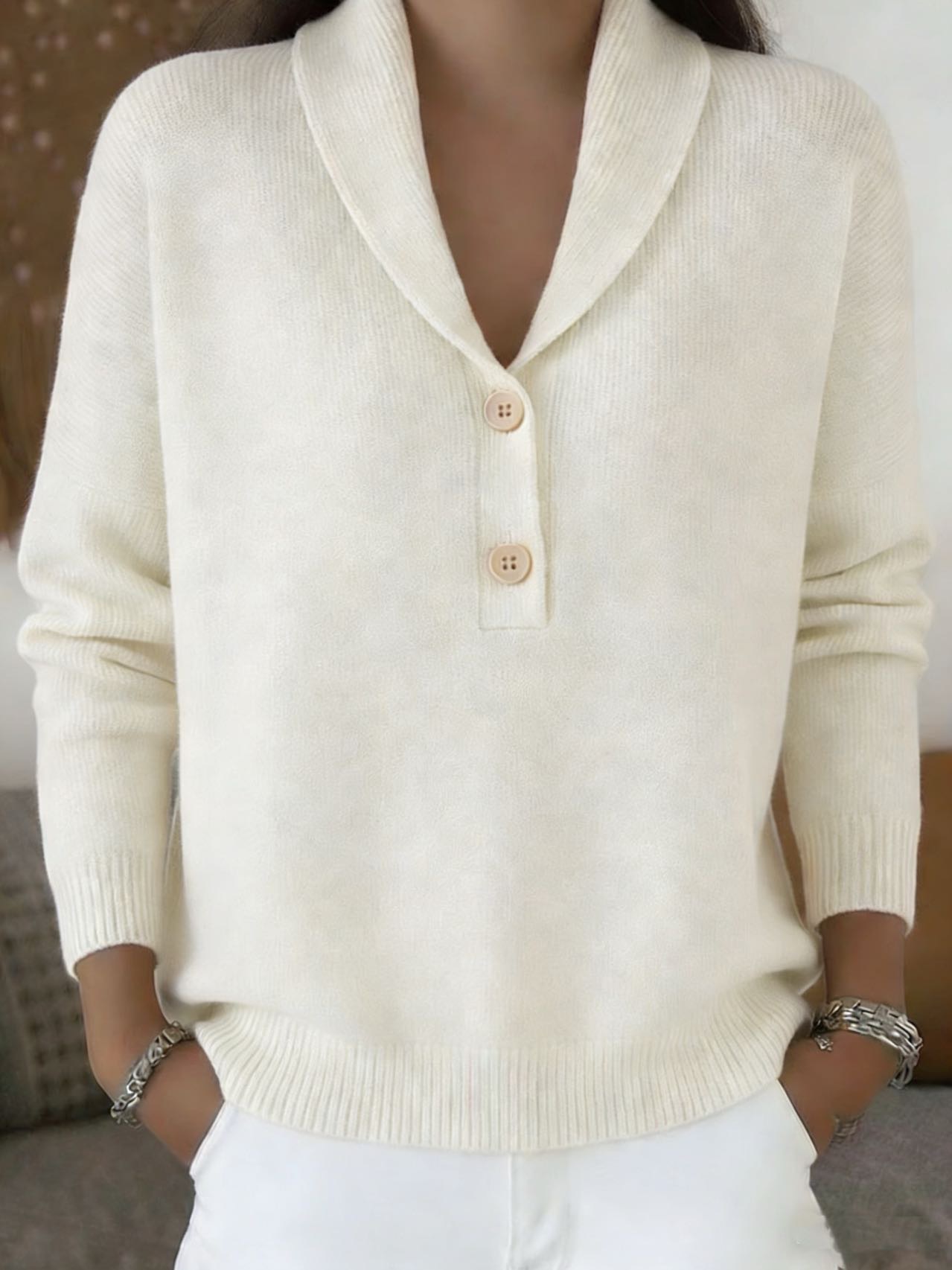 Women's Knit Button Polo Neck Sweater Solid Color Casual