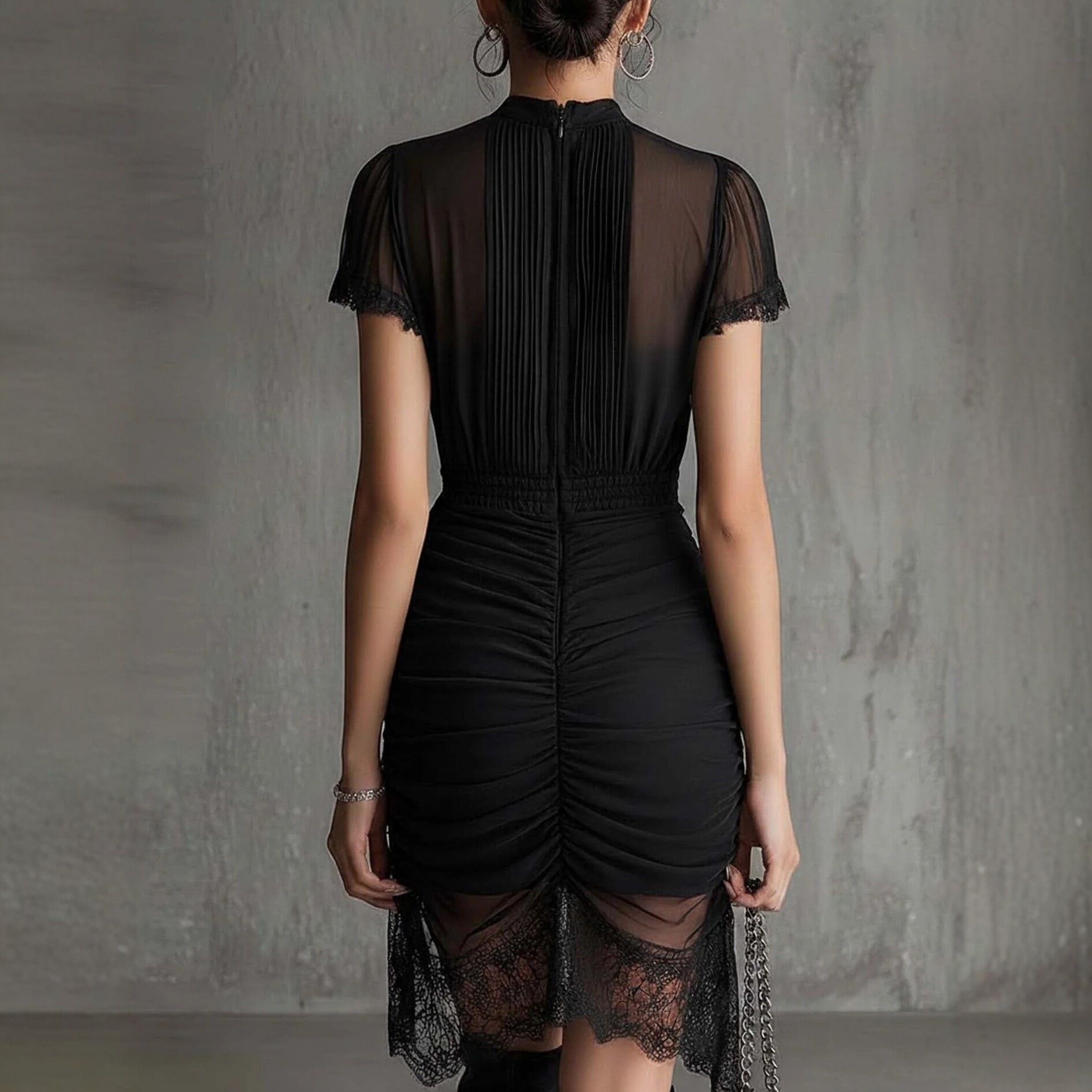 Black Sheer Lace Panel Bodycon Mini Dress with High Slit and Ruffle Trim