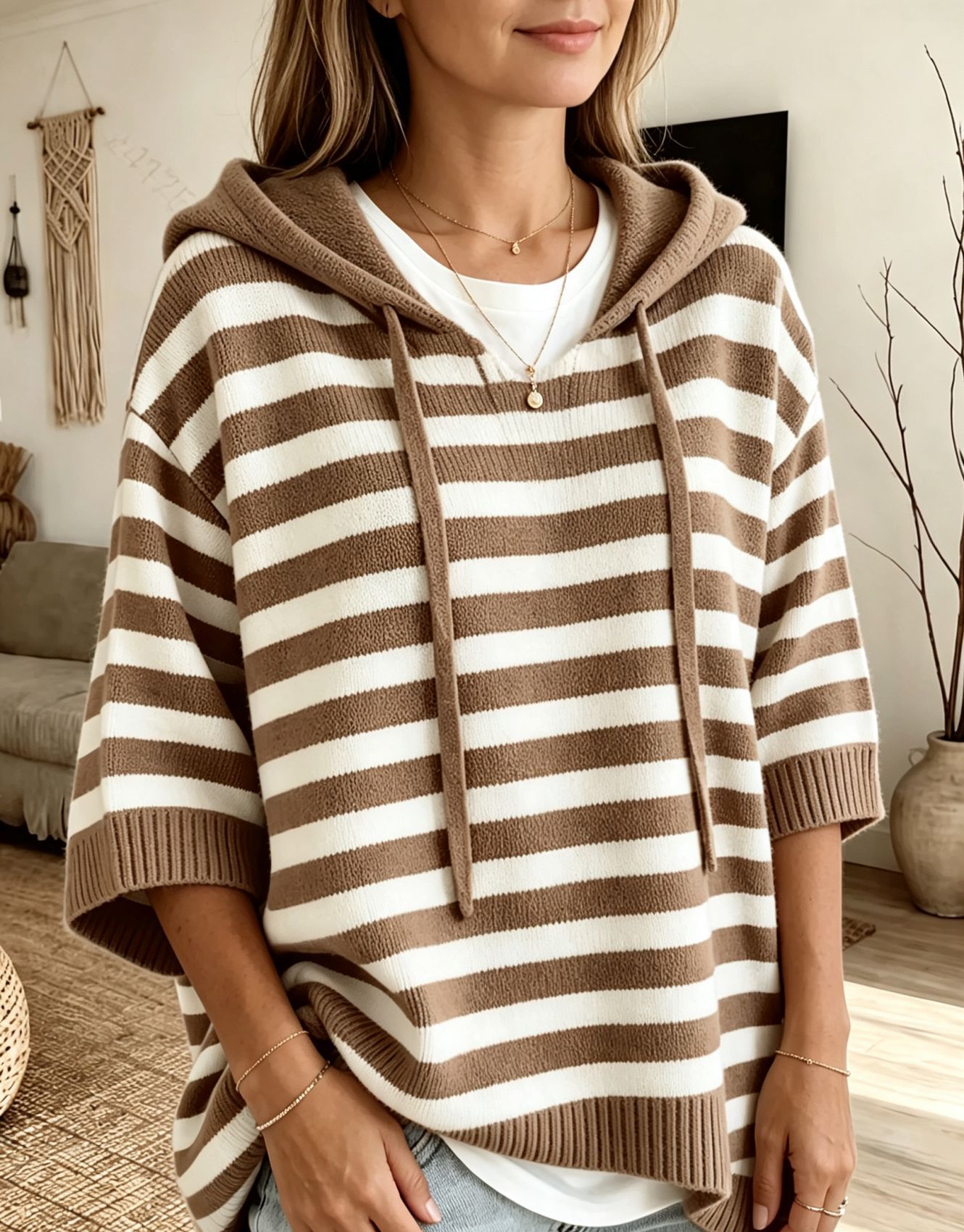 Striped Hooded Knit Pullover Sweater with Drawstring