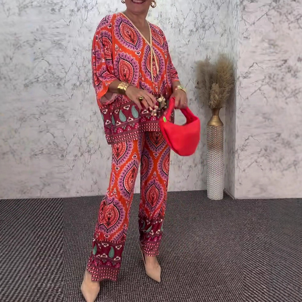 Women's Floral Print V-Neck Long Sleeve Top and Pants Two-Piece Set