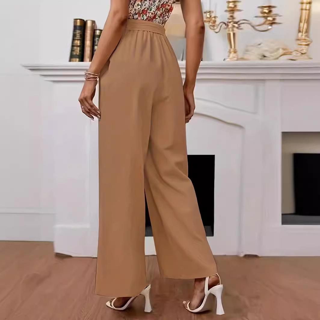 Women's Solid Cotton-Linen Wide-Leg Pants with Elastic Waist