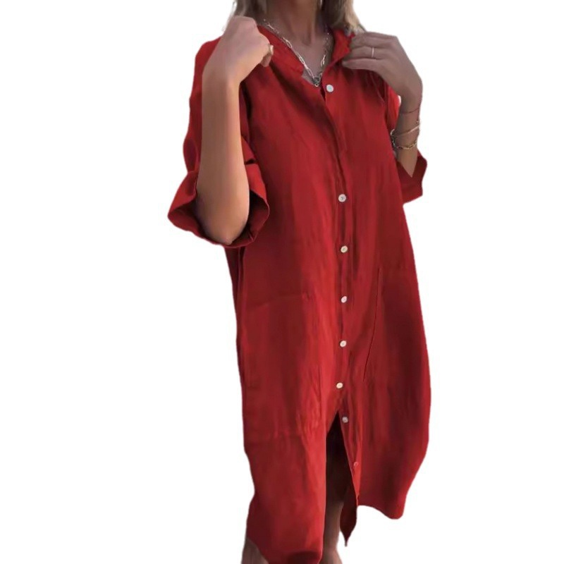 Women's Loose Linen-Look Midi Shirt Dress with Pockets