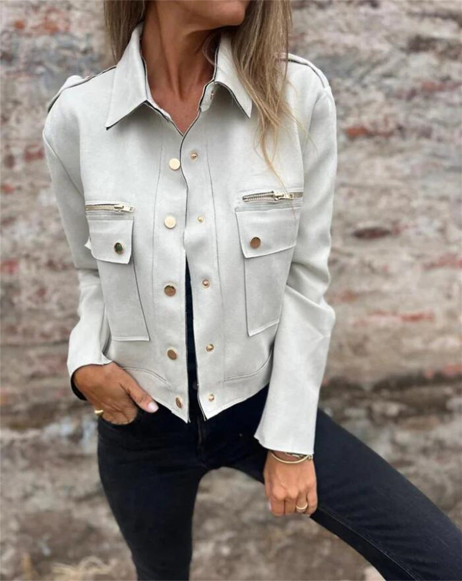 Suede Jacket with Lapel Collar and Metallic Zip